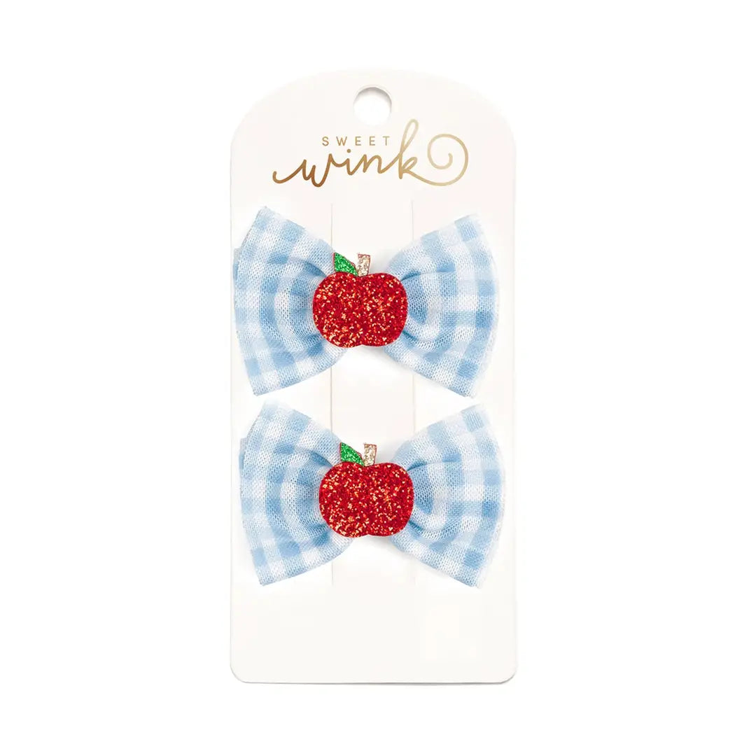 Apple Gingham Tulle Bow Clip Set