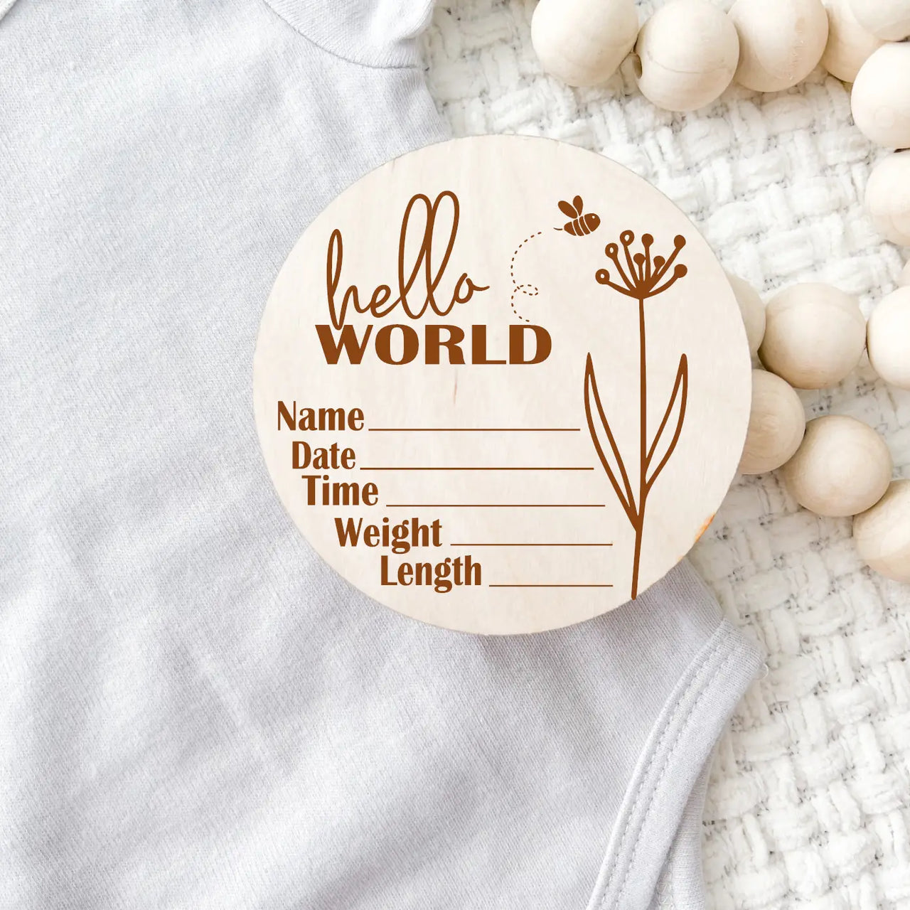 Birth Announcement Wood Hello World Stat Plaque | Wildflower Bee