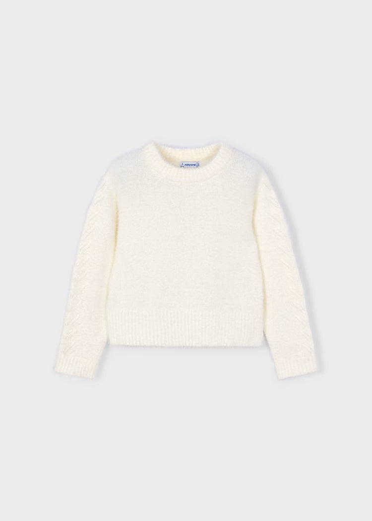 Girl Faux Fur Knit Sweater with Faux Fur | White