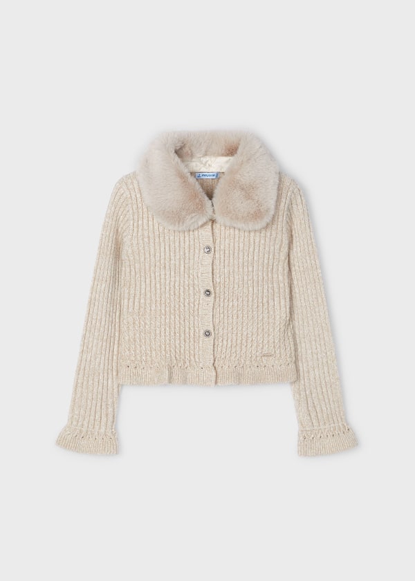 Girls Faux Fur Collared Cardigan | Beige