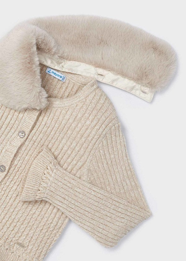 Girls Faux Fur Collared Cardigan | Beige