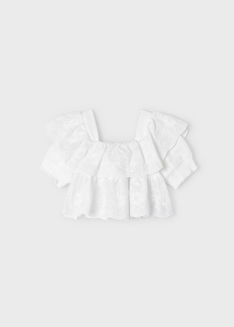 Girl's Ruffled Embroidered Top | White
