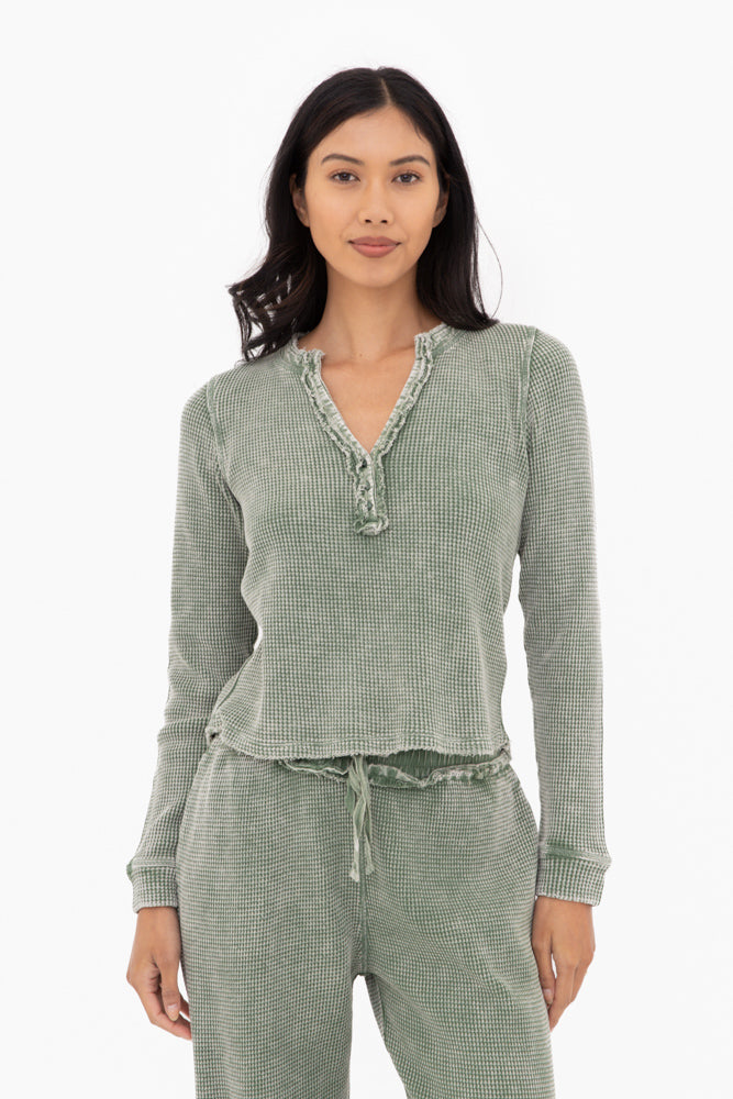 Distressed Mineral-Washed Long Sleeve Top || Dark Basil