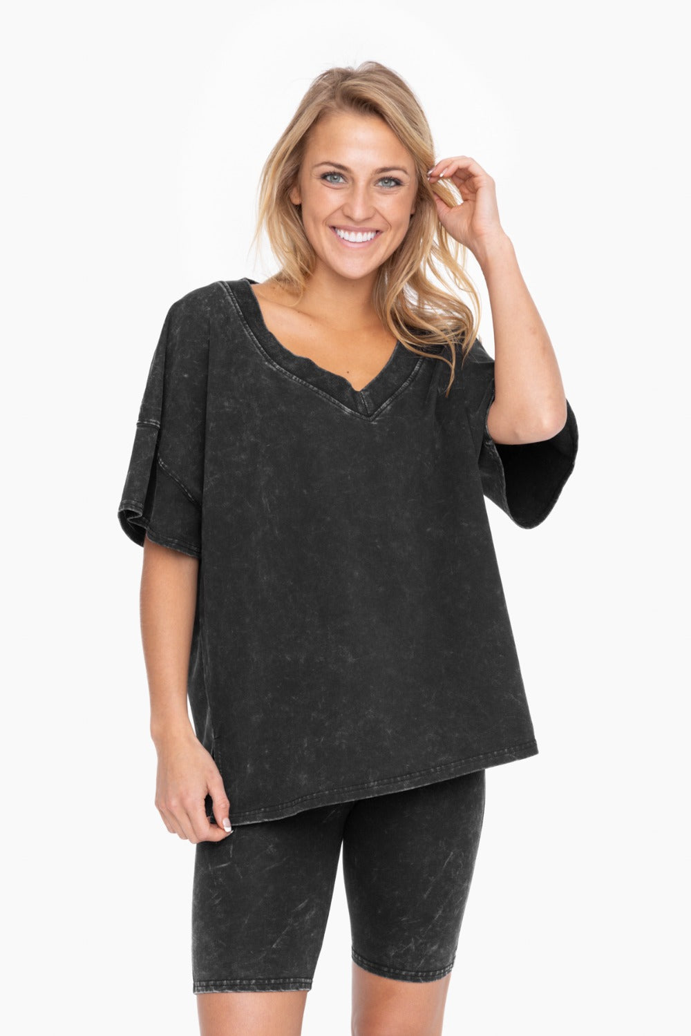 Women's Cozy Mineral Washed Shirt and Short Set || Black