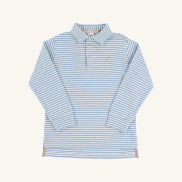 Long Sleeve Prim and Proper Polo | Barrington Blue Stripe with Keeneland Khaki Stork