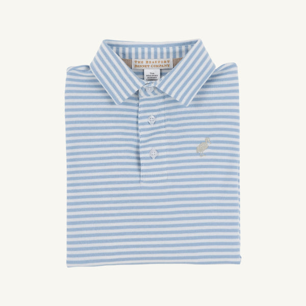Long Sleeve Prim and Proper Polo | Barrington Blue Stripe with Keeneland Khaki Stork
