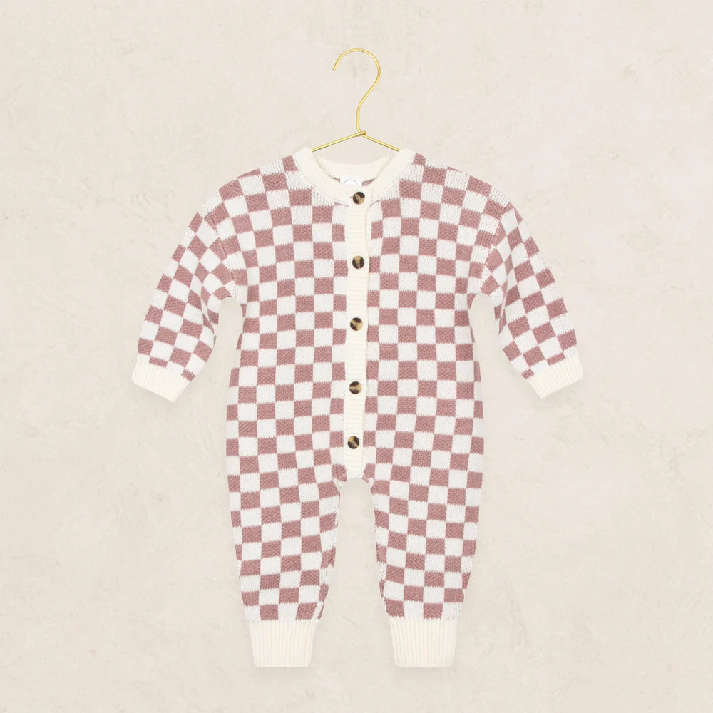 Knit Long Sleeve Onesie | Mauve Checkered