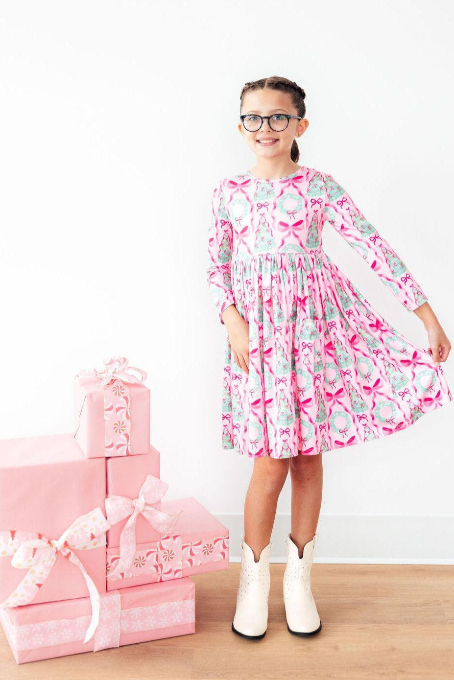 Long Sleeve Jingle Bows Pocket Twirl Dress