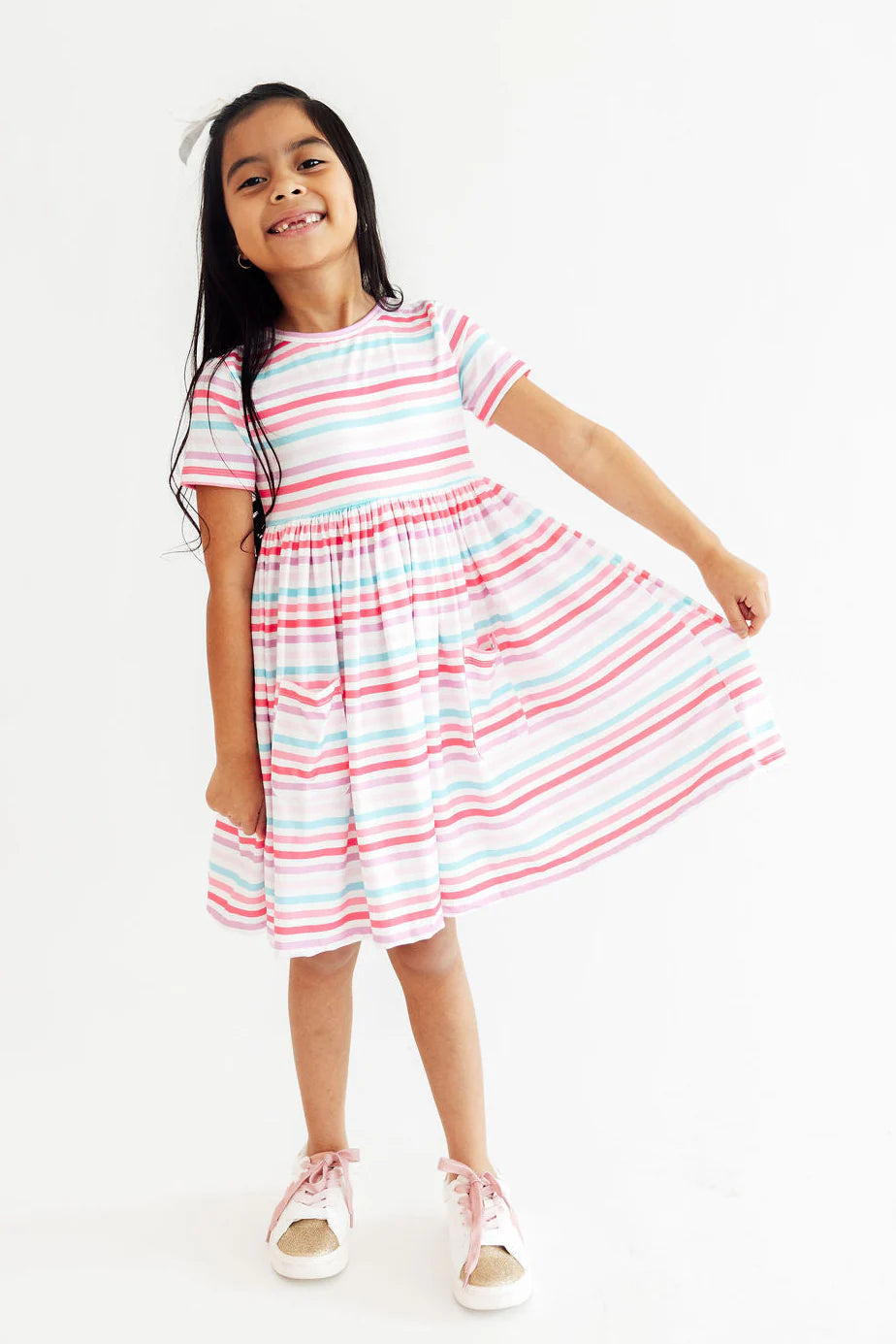 Pastel Stripes Short Sleeve Pocket Twirl Dress
