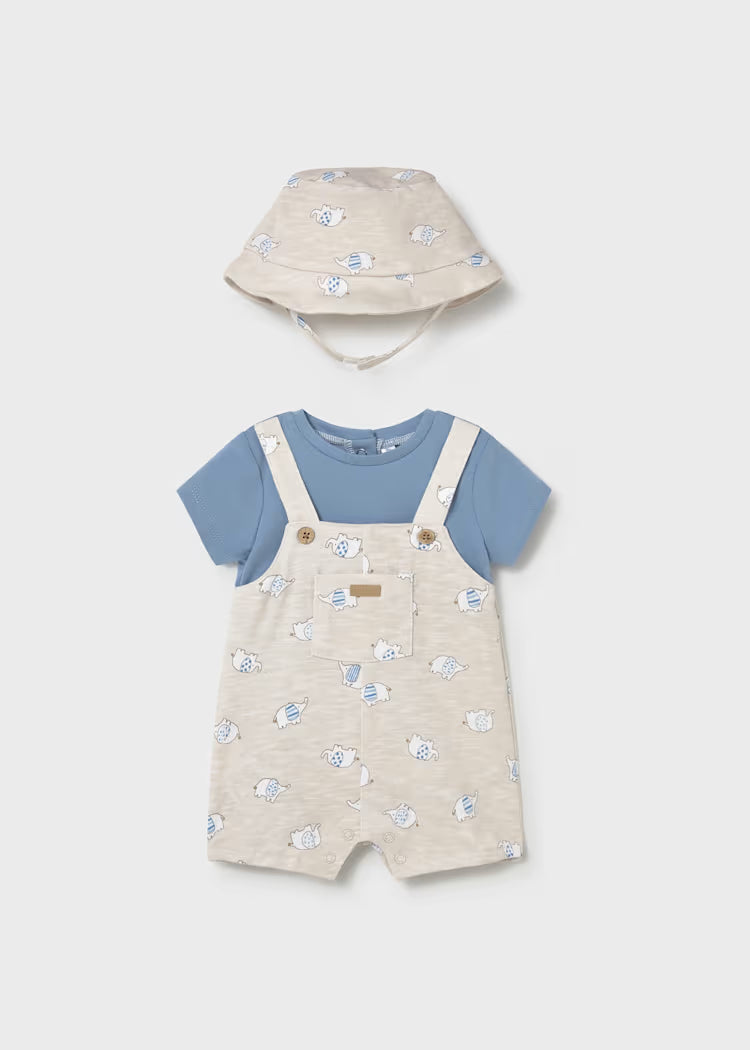 Newborn Boy Romper with Hat and Faux Overalls
