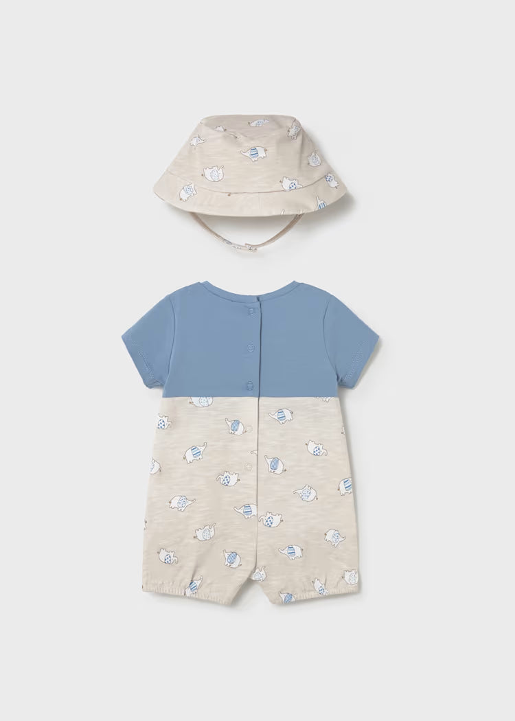 Newborn Boy Romper with Hat and Faux Overalls