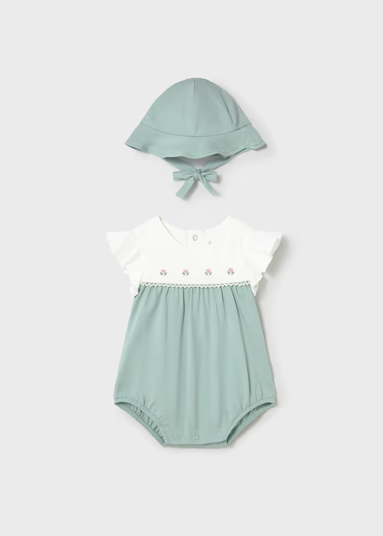 Newborn Girl Floral Romper with Hat | Mint