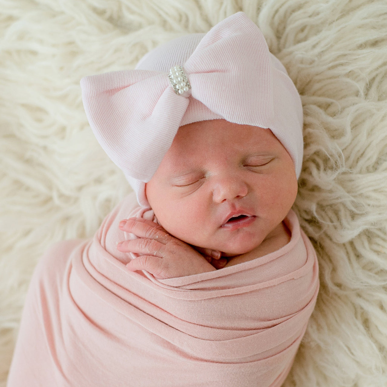 Big Bow Newborn Girl Hospital Hat with Pearl Rhinestone Jewel