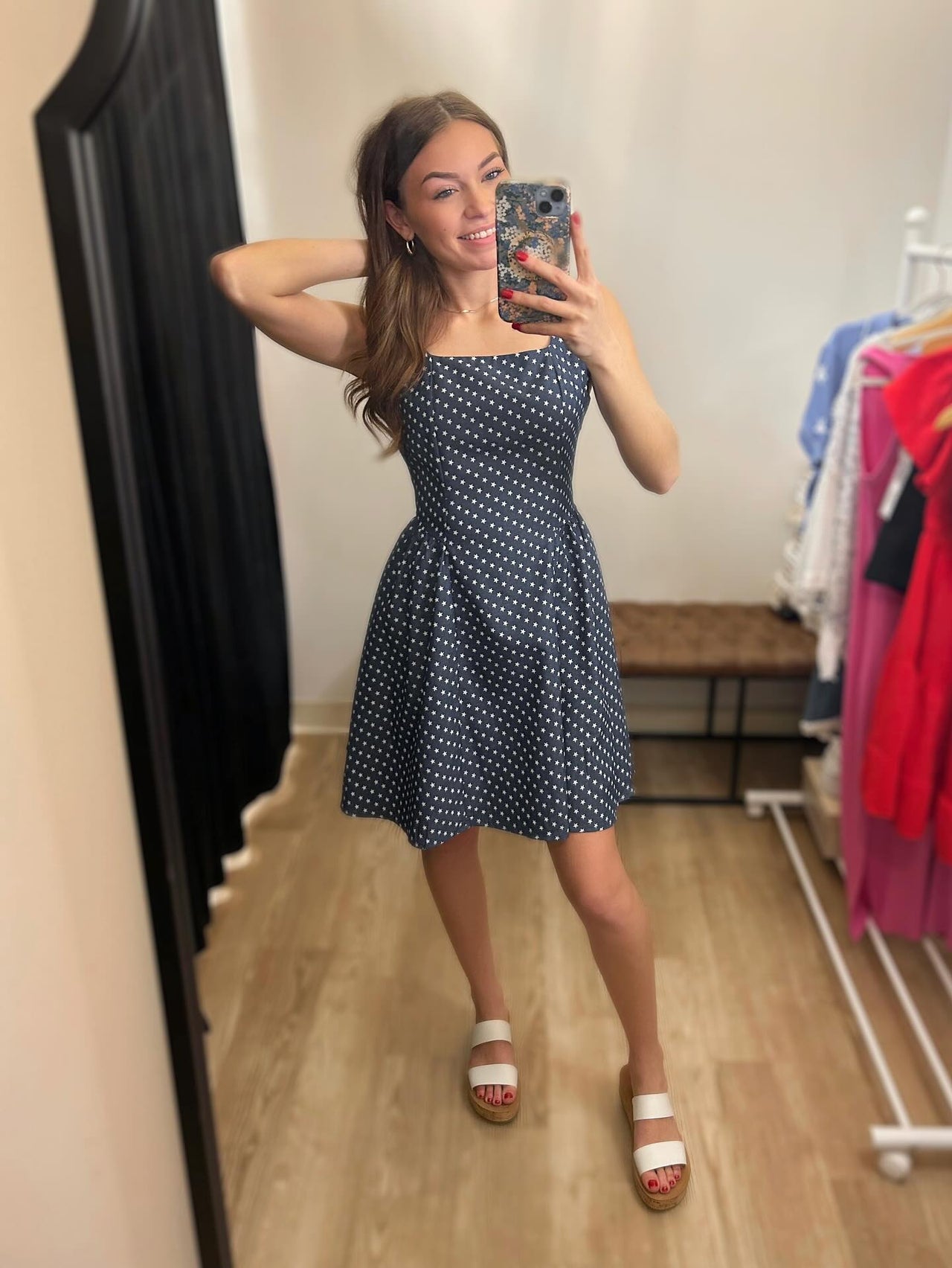 Sleeveless Star Printed Chambray Woven Mini Dress