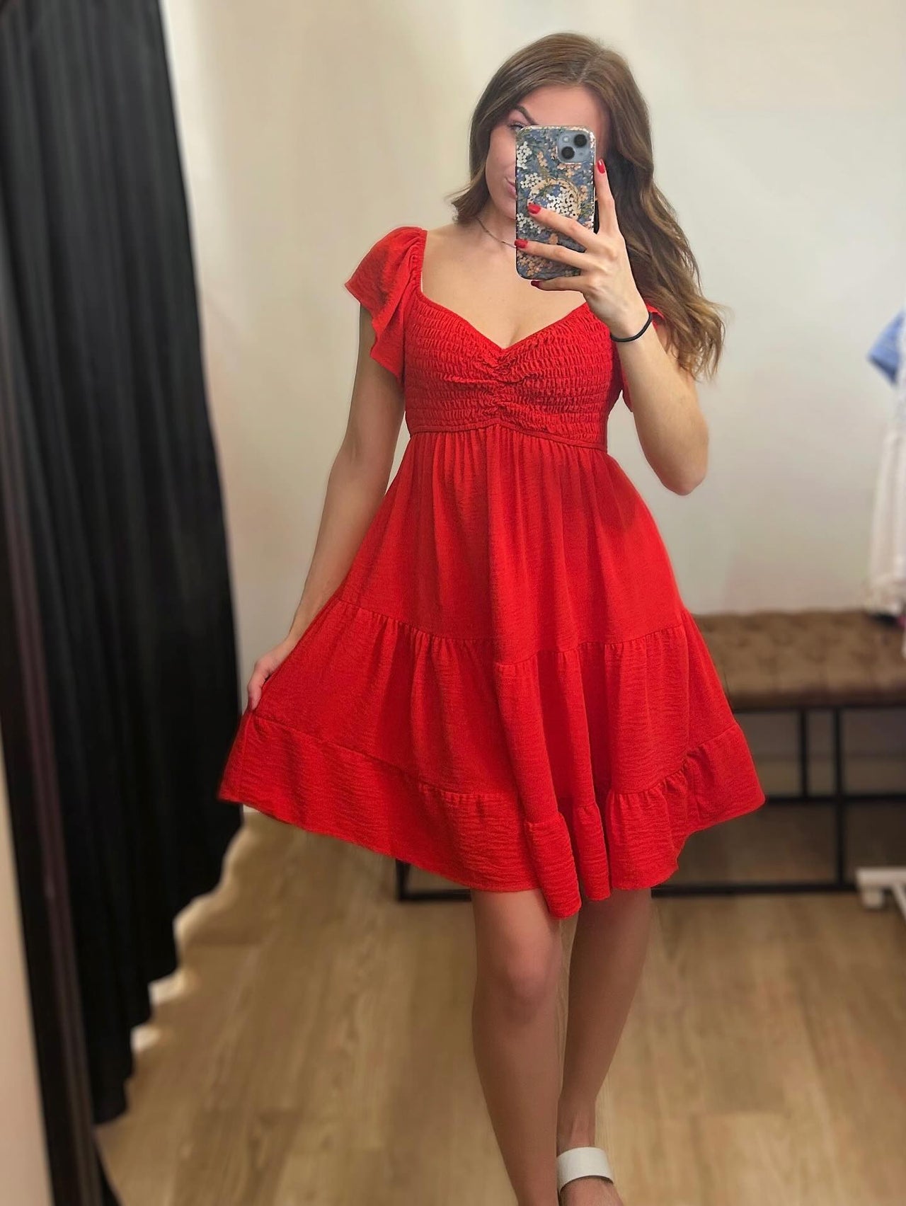 Flutter Sleeve Smock Tiered Sweetheart Neck Dress
