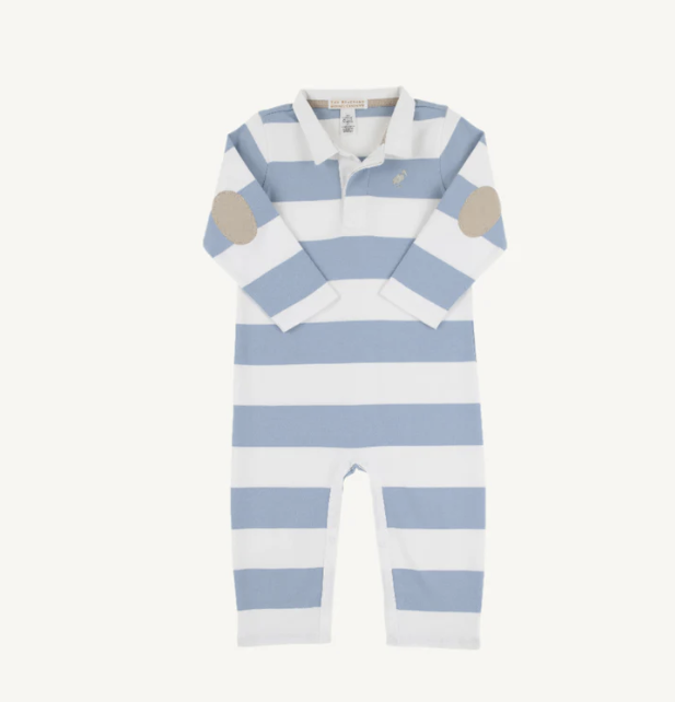 Sir Proper's Rugby Romper | Barrington Blue Stripe with Keeneland Khaki Stork