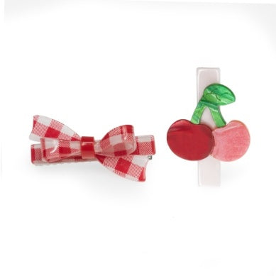 Cherry & Red Checkered Bow Hair Clips