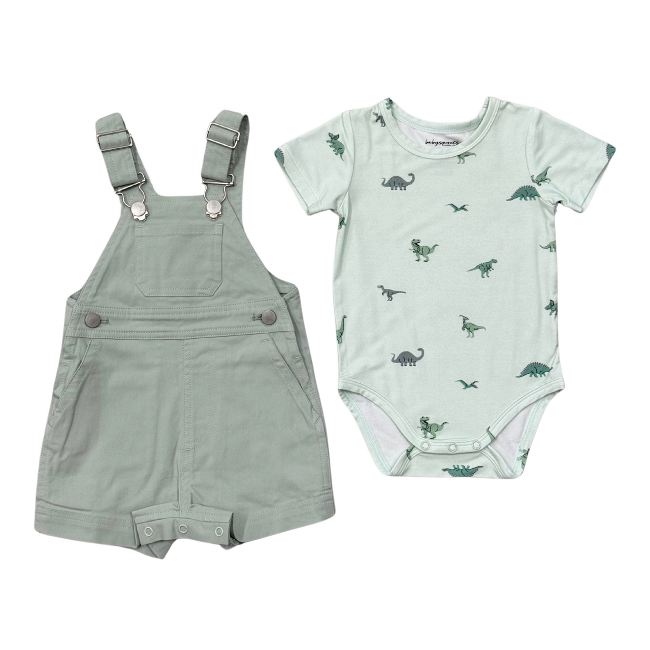 Cotton Overall Set | Aqua Grey Dinosaur