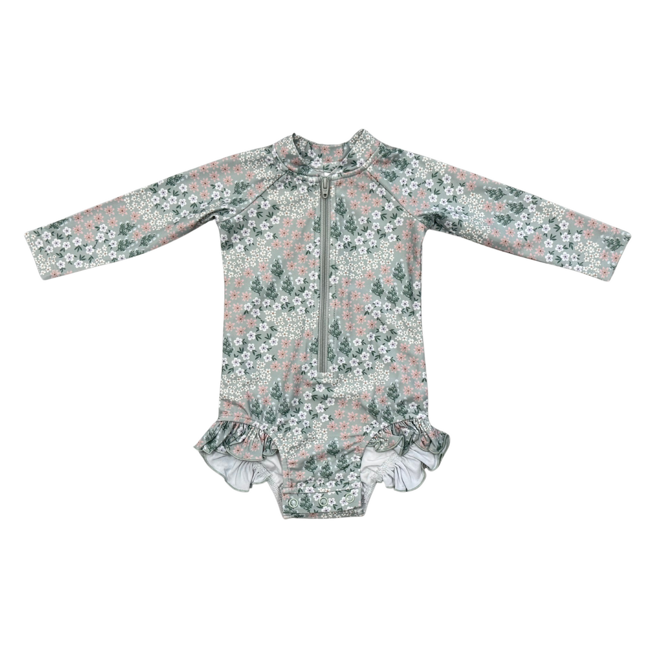 Girl's One-Piece Ruffle Rash Guard Swimsuit | Aqua Grey Floral