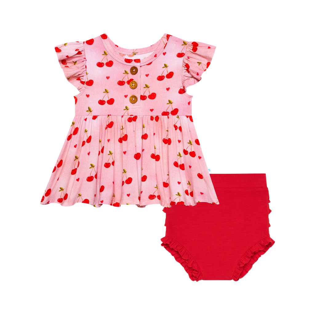 Ruffled Capsleeve Henley Peplum Top & Bloomer Set | Very Cherry