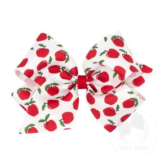 King Harvest Themed Print Grosgrain Bow-White Apple