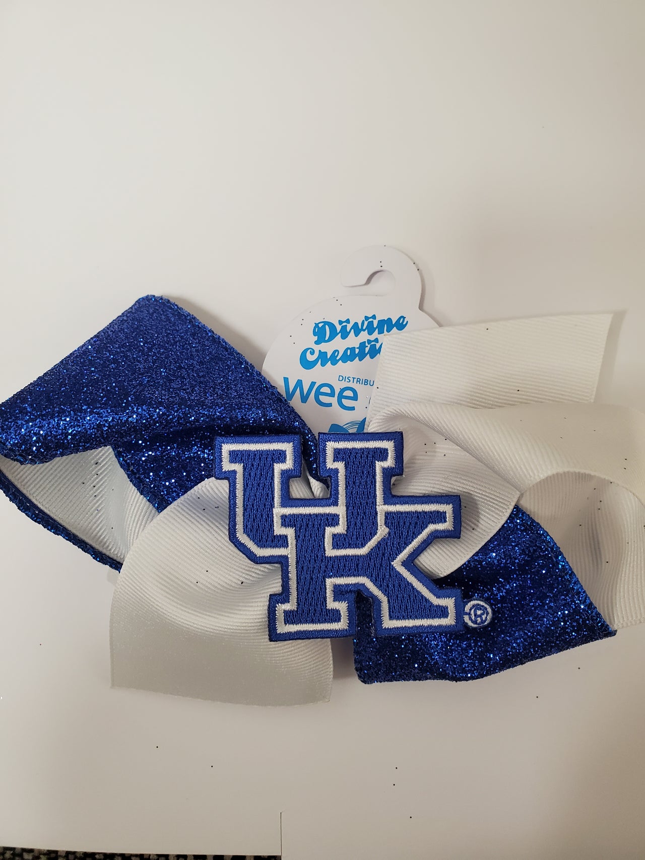 Large UK Bow with Blue Glitter and White Ribbon