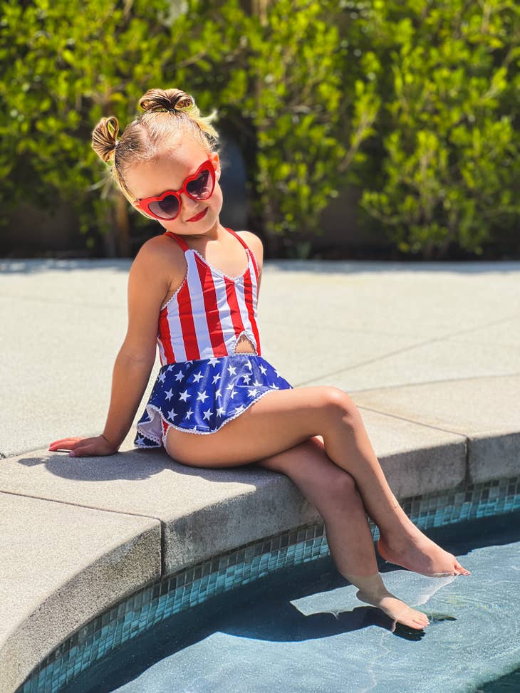 Girls American Flag One Piece-Skirted Swimsuit