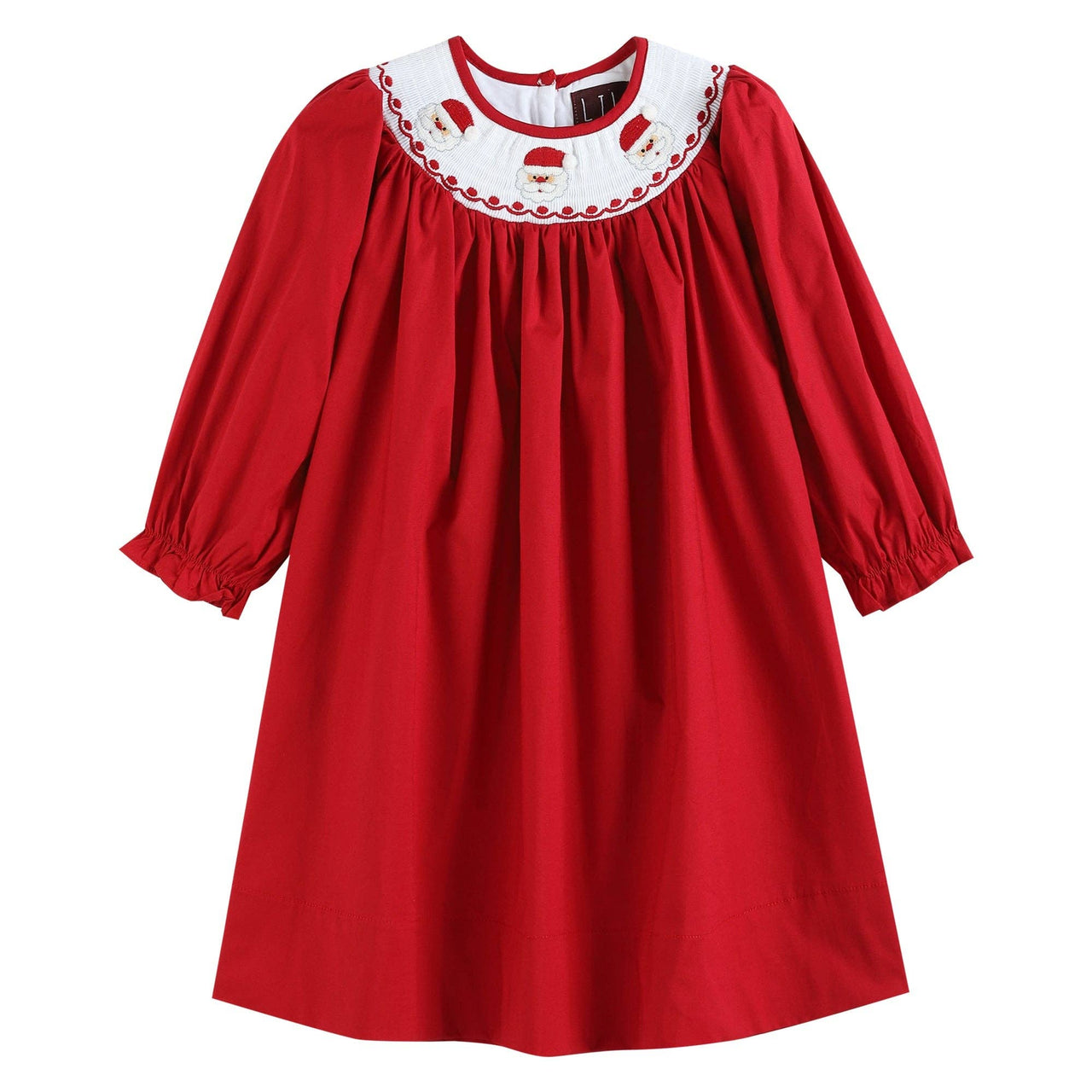 Red Poplin Santa Long Sleeve Smocked Bishop Dress