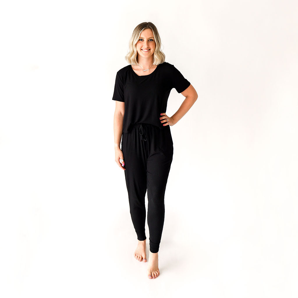 Women's Short Sleeve Scoop Neck+Jogger Pajama | Solid Ribbed Black