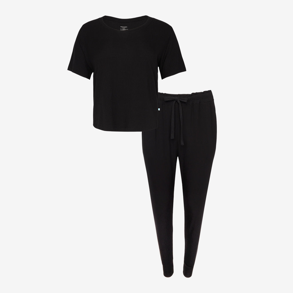 Women's Short Sleeve Scoop Neck+Jogger Pajama | Solid Ribbed Black