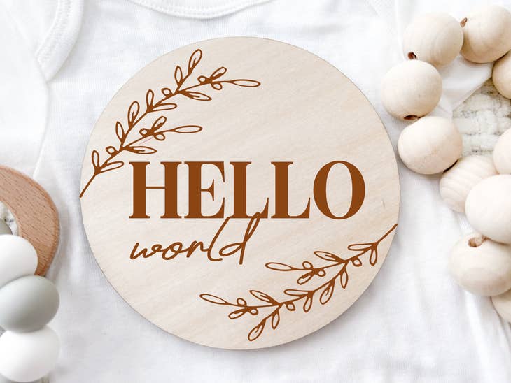 Birth Annoucement Wood Hello World Plaque-Dainty Vine